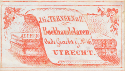 710230 Boeketiketje van J.G. Terveen & Zoon, Boekhandelaren, Oude Gracht G. no. 16 te Utrecht. Met een litho van een ...